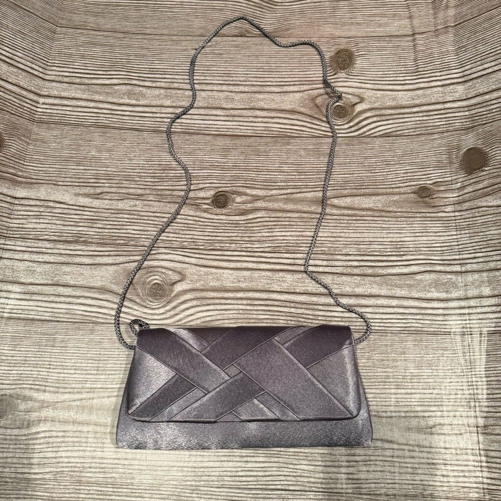 La Regale Silver Satin Evening Clutch with Chain Strap Formal Evening Bag